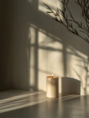 Aufkleber - Burning candle casts soft shadows on the wall in a dimly lit room filled with tranquility and warmth