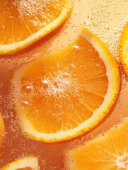 Poster - Refreshing close-up of vibrant orange slices in bubbly fresh juice on a sunny day
