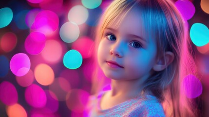 Poster - Captivating child portrait with bold neon bokeh in striking magenta and blue hues