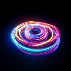 Poster - Colorful, swirling neon rings create a mesmerizing 3D effect in the dark, beautifully radiating vivid hues across a reflective surface, captivating the imagination and evoking a sense of wonder