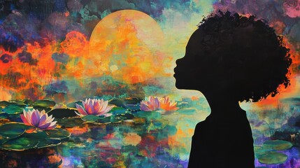 Aufkleber - Vibrant visualization of a glowing child with lily pads under a colorful sunset sky