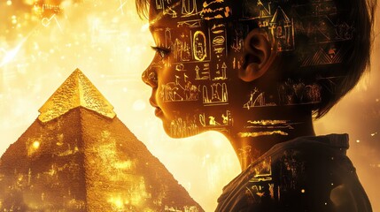 Poster - Vibrant visualization of a glowing child with pyramid backdrop and ancient symbols shining in the background