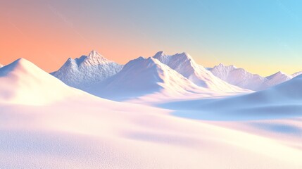 Aufkleber - Snowy mountain peaks rising against a pastel sunset sky, casting long shadows over a pristine, snow covered landscape, create a breathtaking winter panorama