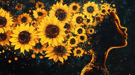 Poster - Vibrant profile of a child surrounded by blooming sunflowers in a lush, colorful setting