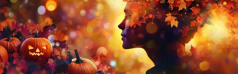 Poster - Vibrant profile of a man surrounded by glowing autumn leaves and pumpkins at a festive harvest celebration