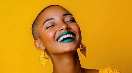 Poster - Joyful young woman smiling brightly against a vibrant yellow background capturing carefree moments of happiness