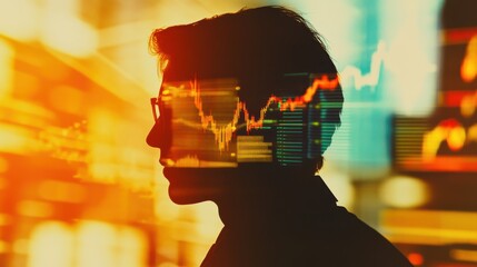 Leinwandbilder - Trader silhouette blended with stock market data at dusk displaying dynamic fluctuations in financial trends