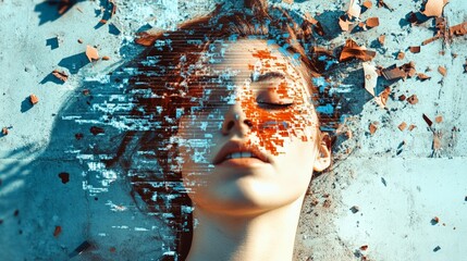 Aufkleber - Conceptual artwork depicting a person experiencing mental overload, symbolized by digital fragmentation and scattered thoughts, representing stress, burnout, and cognitive challenges