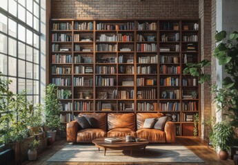 Wall Mural - A spacious, sun drenched room is highlighted by a large wooden bookcase filled with books, a comfortable brown leather couch, and various potted