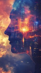 Poster - Surreal profile of a man merging with a vibrant city skyline at twilight, embodying the essence of urban life and dreams