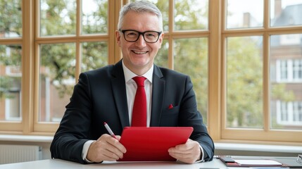 Poster - Stylish middle-aged man in a suit engaged in a business meeting while sitting at a well-lit office table