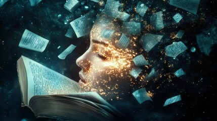 Poster - Surreal depiction of a writer's face glowing amid flying pages and a mystical atmosphere at twilight