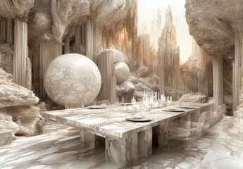 Fototapete - abstract 3d render of a surreal, monochromatic white landscape with large spheres and a table, conve