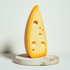 Poster - Smooth Swiss cheese slice standing elegantly on a wooden base against a minimalist backdrop