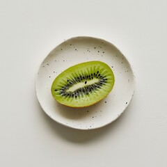 Poster - Vibrant green kiwi slice on a simple plate against a clean white background for fresh culinary inspiration