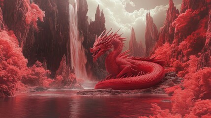 Poster - a red dragon sitting on a rock in a river