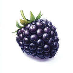 Poster - Fresh plump blackberry with shiny skin and vibrant green leaves on a white background