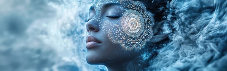 Aufkleber - Model's serene face glowing with intricate patterns in a calming atmosphere