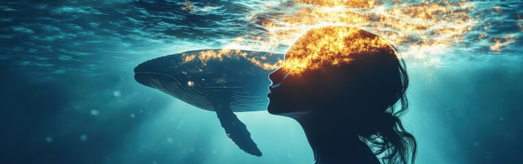 Poster - Silhouette of a woman near a whale in tranquil underwater environment showcasing harmony with nature