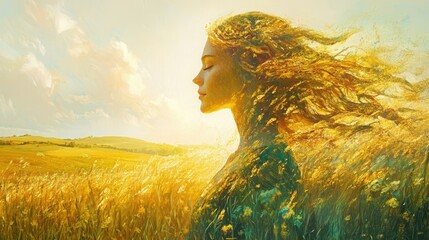Poster - Serene woman radiating beauty in a sunlit golden meadow during a tranquil afternoon