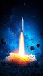 © AI Photo Stock - Rocket Launch Into Space - A powerful rocket blasts off, leaving a fiery trail as it ascends through a field of space rocks and a nebula.