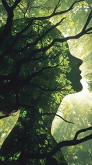 Aufkleber - Serene portrait of a woman with nature elements illuminated by soft sunlight in a lush forest setting