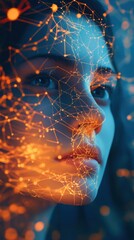 Leinwandbilder - Serenity and connection portrayed through a woman's face merging with digital patterns at twilight