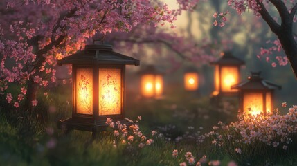 Aufkleber - Serene glowing lanterns illuminating a tranquil garden during springtime blossoms