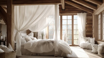 Aufkleber - Rustic bedroom with soft white canopy bed and natural light through large windows in a serene woodland setting
