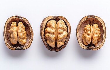 Wall Mural - Three nut halves arranged in a row on a white background, showcasing their inner texture and resemblance to a brain