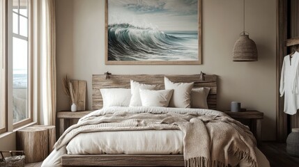 Aufkleber - Rustic bedroom decor with driftwood accents and ocean-themed artwork creates a calming retreat