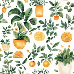 Poster - Colorful watercolor doodle of plants and fruits in a bright and cheerful arrangement showcasing nature's beauty