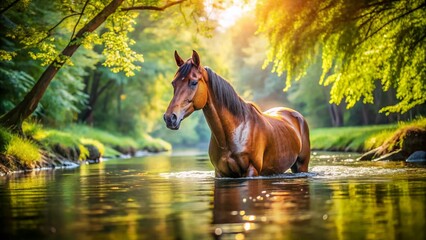 Wall Mural - Bay Horse Summer River Bath, Bokeh, Water, Sunlight, Equine Portrait