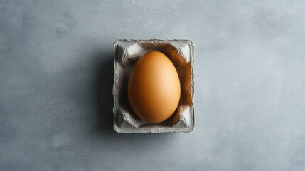 Poster - Single raw chicken egg placed on gray paper carton against a smooth gray background, ideal for culinary presentations or recipe layouts needing clean design