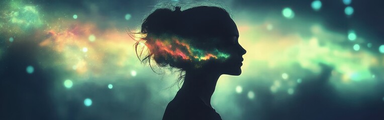 Poster - Mystical glowing woman exuding cosmic energy in a dreamlike celestial environment