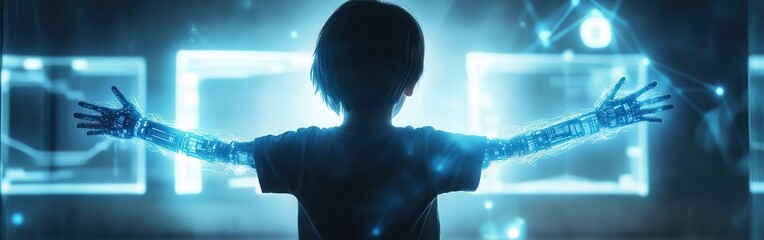 Aufkleber - Mysterious visualization of a child experiencing a futuristic environment with glowing elements and technology