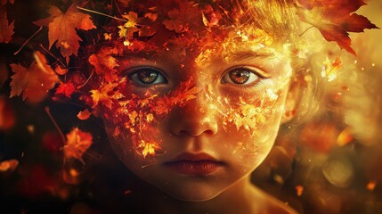 Poster - Mystical child face glowing with autumn leaves and magical light in a serene setting
