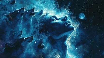 Aufkleber - Mystical profile of a man surrounded by howling wolves and blue smoke under a night sky