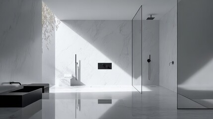 Poster - Modern minimalist bathroom featuring elegant white marble design with sleek black fixtures