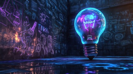 Poster - Luminous blue light bulb illuminating a creative workspace with colorful drawings on dark walls
