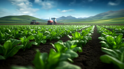 Lush green fields with tractors working under a bright blue sky, showcasing modern agricultural practices.