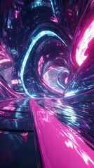 Poster - Futuristic wave design showcasing vibrant neon colors and intricate curves in a digital landscape