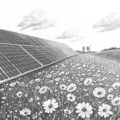 Poster - Wildflowers bloom vibrantly alongside solar panels in a sunny field during late spring