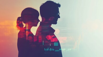 Poster - Dynamic double exposure capturing a family blending with vibrant cityscapes and digital elements at sunset