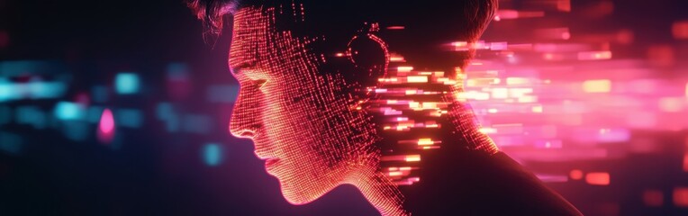 Aufkleber - Dynamic portrayal of a man's profile filled with vibrant digital patterns in an abstract setting