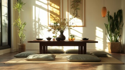 Aufkleber - Dining area features low table with floor cushions and natural light in a serene setting