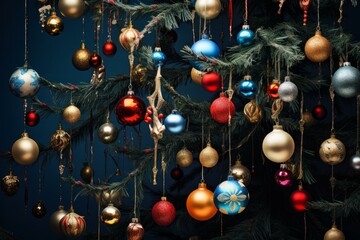 Poster - christmas tree branches decorated with colorful ornaments and reindeer antler hanging on dark blue b