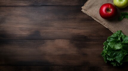Aufkleber - A rustic wooden table displays vibrant produce like a red apple and lettuce, artfully arranged on burlap for a warm, inviting food setting