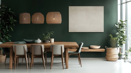 Aufkleber - Elegant dining area featuring a warm forest color palette with natural decor and inviting atmosphere