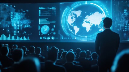 Poster - Corporate conference with speaker presenting global data to engaged audience in modern setting
